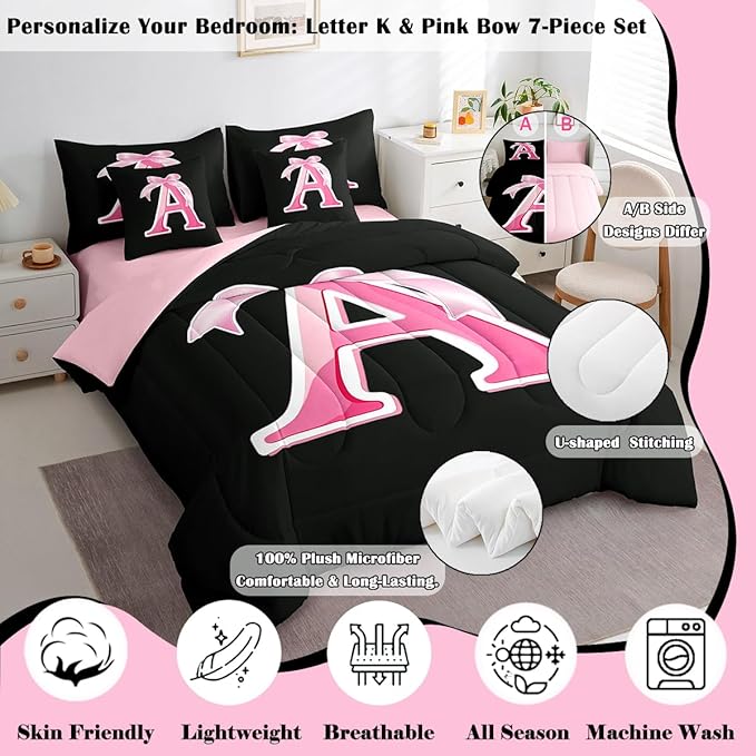 jejeloiu Kids Girls Black Pink Bow Comforter Set with Sheets Full Size Monogrammed 7 Piece Bedding Set Personalized Initial A Bed in a Bag with Comforter,Sheets,Pillowcases Modern Fashion Bed Set