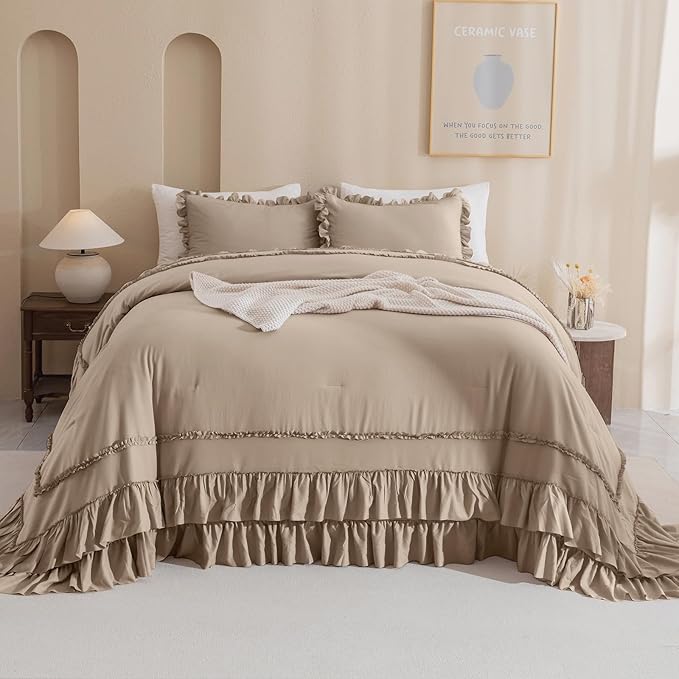 Masaca Ruffled Oversized King Comforter 128x120,3 Pieces Vintage Farmhouse Shabby Bedding Set Lightweight Ultra Soft French Country Light Taupe Bedding (1 Ruffle Comforter +2 Pillowcases)