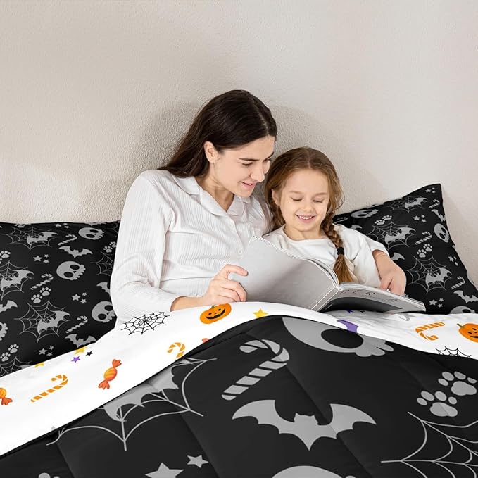 Erosebridal Cute Gray Halloween Toddler Comforter Spider Web Skull Bat Bedding Set Spooky Goth Gothic Animal Duvet Insert Horror Halloween Bed Sets for Kids Teens Adults
