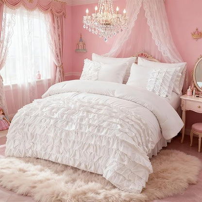 Holawakaka White Waterfall Ruffle Comforter Set Queen Size Multi-Layers Ruffled Shabby Chic 3PCS Bedding Set for Girls Women, White Queen