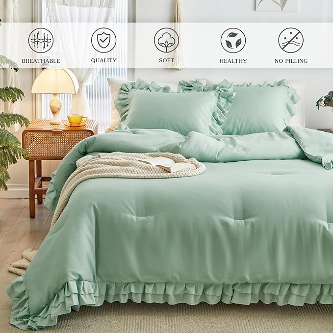 Green Ruffled Comforter Set King Size, 3 Pieces (1 Ruffled Comforter and 2 Pillowcases) Farmhouse Shabby Chic Style with 2 Layers Ruffle, Solid Color Lightweight Fluffy Bedding Sets for All Season