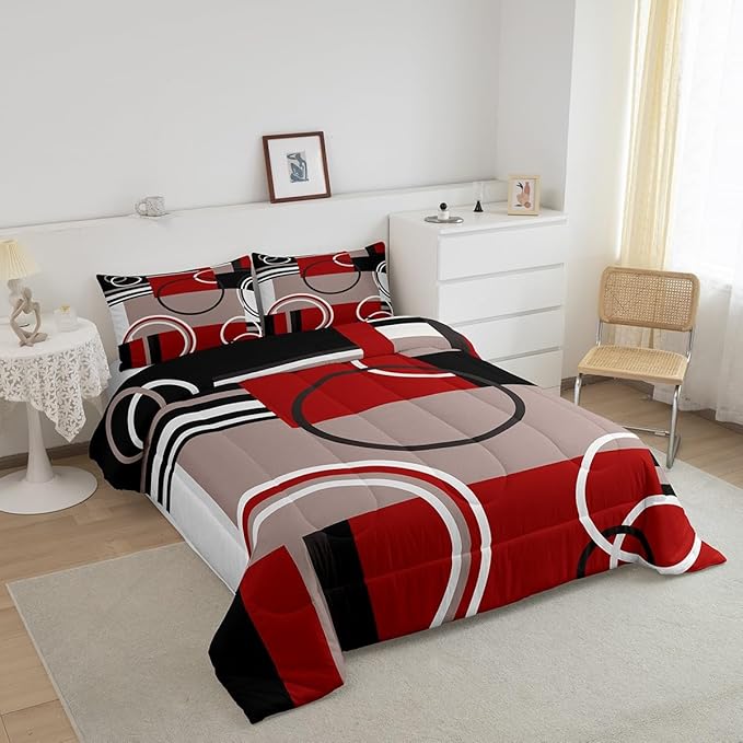 Erosebridal Modern Red Grey Black Stripes Comforter Set Geometric Down Comforter Queen Size Retro Circle Swirls Bedding Set Bedroom Decor Modern Abstract Texture Color Art Quilt Set