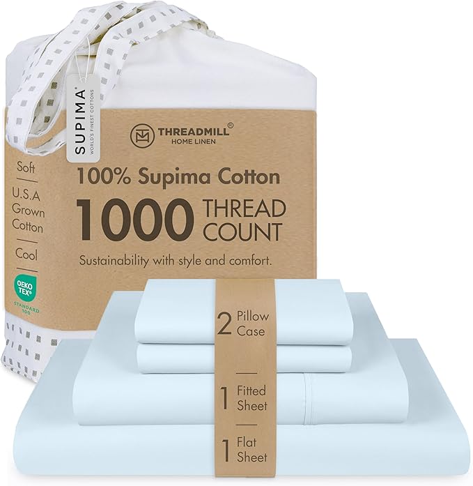 Threadmill Supima King Size Sheets, 1000 Thread Count, 4 Piece American Luxury Bed Sheets for King Mattress, 5 Star Hotel Quality Cotton Sheets with Elasticized Extra Deep Pocket, Light Blue