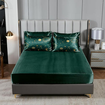 Sun and Moon Comforter Set Blue Green Satin Bedding Queen Stars Cloud Galaxy Comforter Mysterious Celestial Theme Silk Like Silky Bed in A Bag with Comforter and Sheets