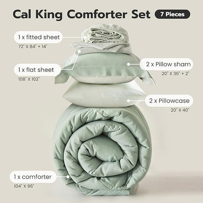 Joiedomi California King Comforter Set with Sheets Sage Green, 7 Pieces Bedding Set with 1 Down Alternative Comforter, 1 Flat Sheet, 1 Fitted Sheet, 2 Pillowcases and 2 Pillow Shams, Bed in a Bag