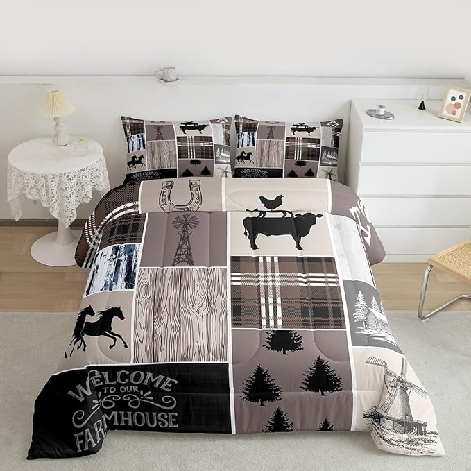 Erosebridal Kids Horse Bedding Set, Western Farmhouse Windmill Comforter Set Rustic Cabin Decor, Southwestern Cowboy Horseshoe Quilt Twin for Boys Teens Adult, Grid Plaid Patchwork Down Comforter