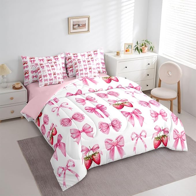 Feelyou Pink Cute Strawberry Bow Comforter Set Queen Size 7 Pieces Strawberries Bedding Set for Kids Boys Girls Kawaii Bowknot Bed in a Bag with Comforter, Sheets, Pillowcases, Cushion Covers