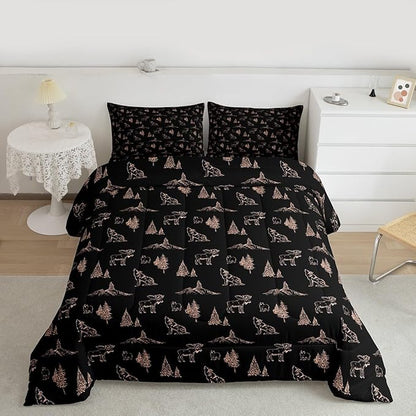 Erosebridal Woodland Animals Comforter Set King Size Bear Deer Wolf Hunting Theme Bedding Set for Kids Child | Rustic Cabin Lodge Decor Duvet Insert Farmhouse Wildlife Mountain Black Brown Quilt