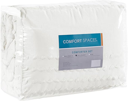 Comfort Spaces Cotton Comforter Set Jacquard Pom-Pom Tufts Design, Down Alternative, All Season Modern Bedding, Matching Shams, Twin/Twin XL, Phillips, Ivory