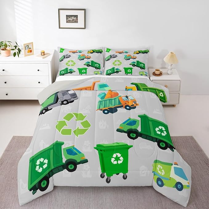 Feelyou Green Garbage Truck Toddler Size Bedding Set Cartoon Trash Truck Comforter Set for Kids Boys Girls Teens Green Vehicle Car Comforter Garbage Truck Toy Duvet Set with 1 Pillow Case