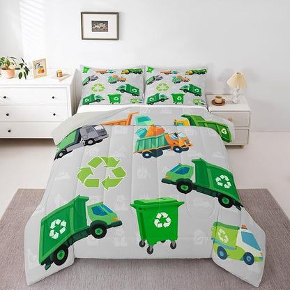 Feelyou Green Garbage Truck Toddler Size Bedding Set Cartoon Trash Truck Comforter Set for Kids Boys Girls Teens Green Vehicle Car Comforter Garbage Truck Toy Duvet Set with 1 Pillow Case