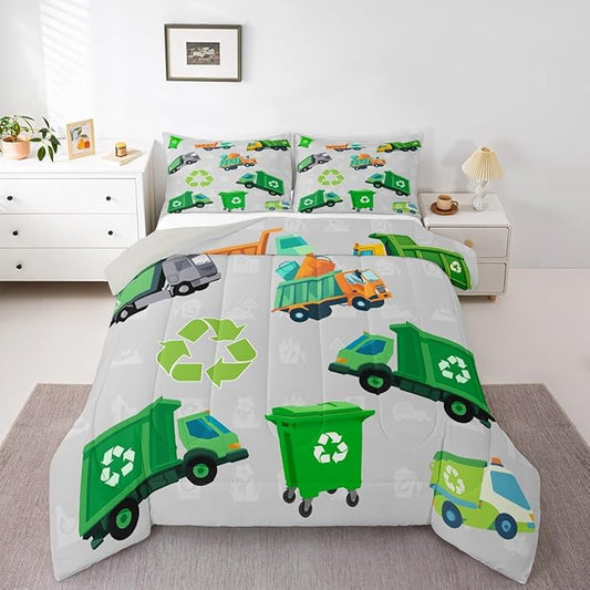 Feelyou Green Garbage Truck Toddler Size Bedding Set Cartoon Trash Truck Comforter Set for Kids Boys Girls Teens Green Vehicle Car Comforter Garbage Truck Toy Duvet Set with 1 Pillow Case