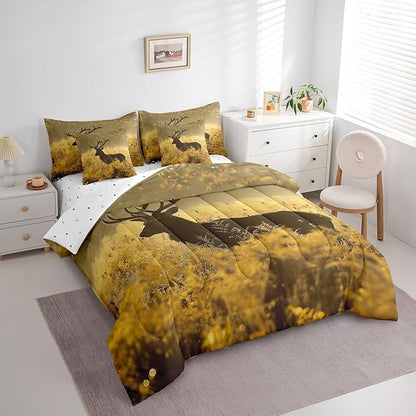 Erosebridal Deer 7 Piece Bed in a Bag King Size,Deer Antler Comforter Set,Rural Hunting Theme Down Comforter,Rustic Countryside Style Fitted Sheet,Wild Animals Bedding Sets for Bedroom Decor