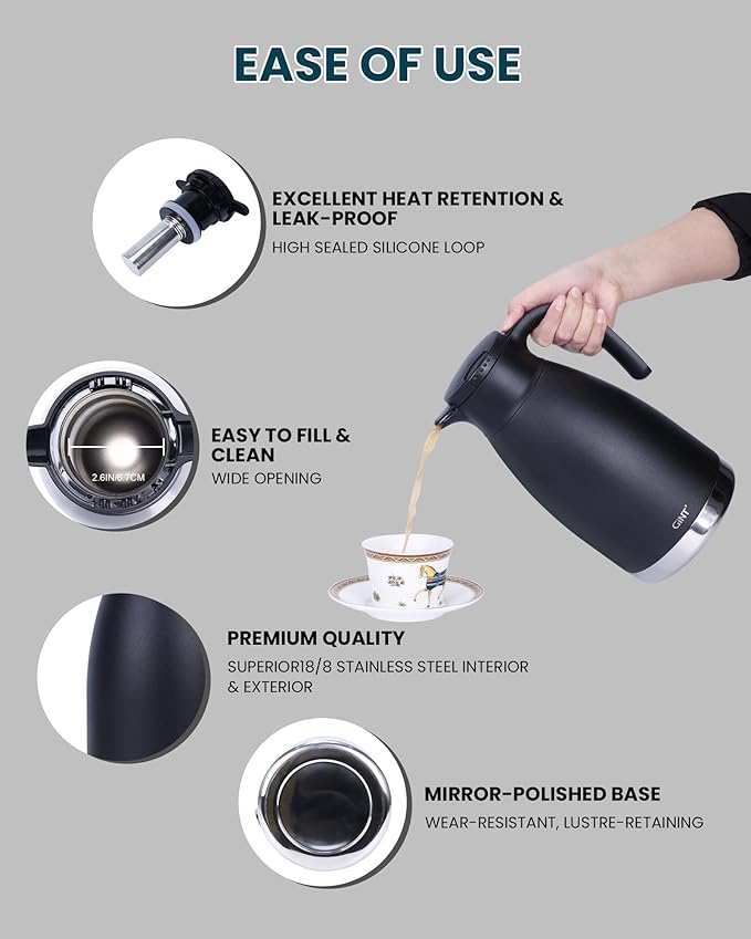 GiNT 74oz Thermal Coffee Carafe with Infuser – Insulated Tea Carafe, Removable Filter, Dishwasher-Safe | 2.2L 10+ Cups, Leak-Proof Seal & Pinch-Release | Stainless Steel for Office & Events
