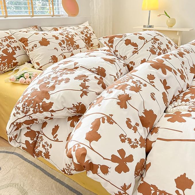 CLOTHKNOW Brown Floral Queen Comforter Set Boho Bedding Comforter Sets Leaves Bedding White Brown Bed Comforter Sets Queen