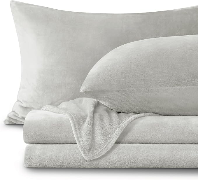 BEDELITE Flannel Sheets Queen Size Light Grey - Super Soft Fleece Sheets Set Fluffy Extra Plush, 4 Piece(Include Fitted Sheet, Flat Sheet, 2 Pillowcases)