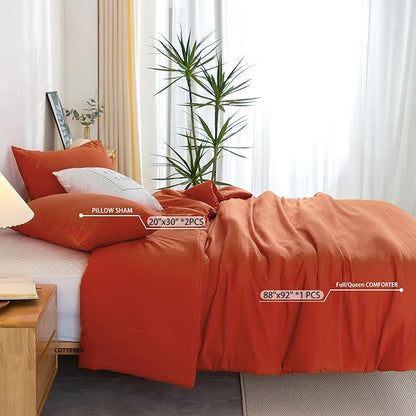 COTTEBED Orange Queen Comforter Sets Clearance Prime, Soft Washed Cotton Lightweight All Season Full Sized Bedding Down Alternative Conforters Pillowshams Men Women(Pumpkin Bright Orange,Queen/Full)