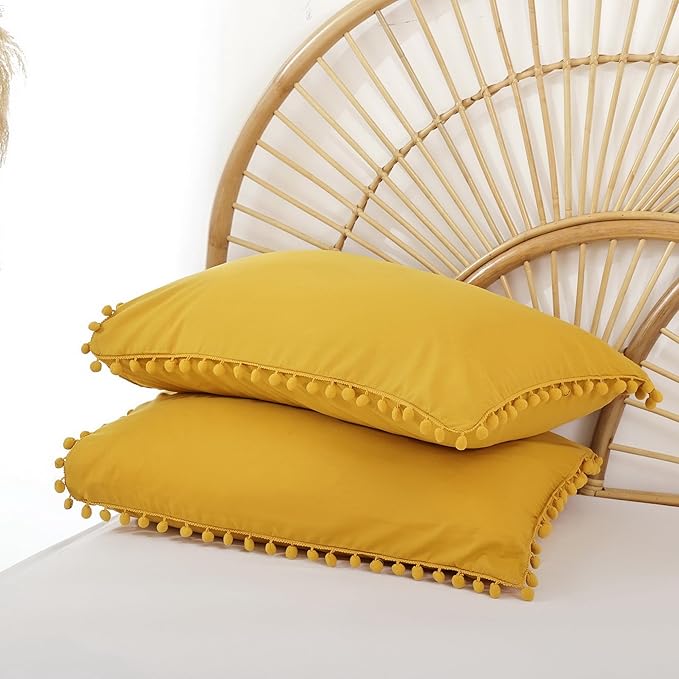 YIRDDEO Queen Comforter Set - Comforter Queen Size Sets with Ball Pom Fringe, Soft Bedding Set for All Seasons - 3 Pieces, 1 Comforter (90"x90") & 2 Pillow Shams (20"x26"), Mustard Yellow