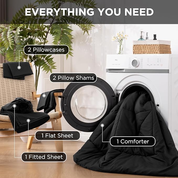 7 Pieces Full Comforter Set - Utral Soft Microfiber Bedding Set, Thick Duvet Insert Bed in a Bag Without Rustling Noise for All Season, Black (82"x86")