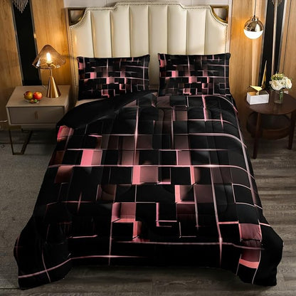 Erosebridal Blush Pink Black Bedding Set Twin Size Neon Geometric Kids Comforter Set 2 Pcs Honeycomb Bed Sets Modern Quilt,1 Comforter 1 Pillow Case Cool Room Decor, Bside Black