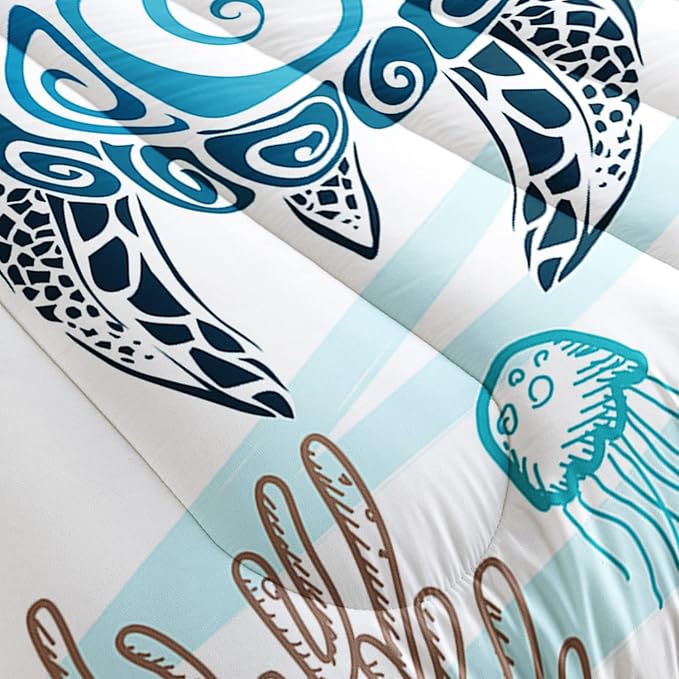 HOSIMA Sea Turtle Comforter Set,Coastal Beach Themed Bedroom Comforter Set Queen Size for Kids Teen Girls Boys Room Decor,Turtle Twin Bed in a Bag for Girls with 2 Pillowcases.