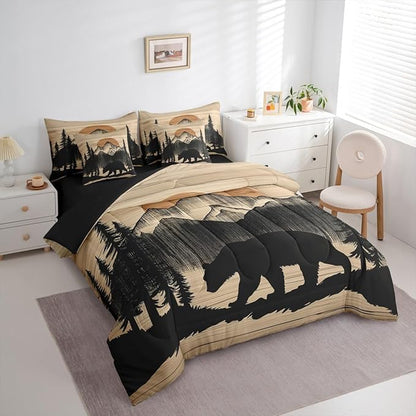 Erosebridal 7 Pieces Bear Bedding Set King Size for Kids Teens Adults - Black Woodland Forest Comforter Set with Sheets Country Bear Hunting Bed in A Bag Mountain Animal Rustic Cabin Lodge Bed Sets
