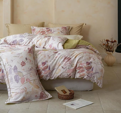 King Size Floral Comforter Set, 3Pcs Long Staple Cotton Duvet for All Seasons, Botanical Print Bedding Set with 1 Lightweight Comforter and 2 Pillow Shams