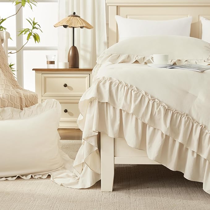 Andency Beige Twin Size Comforter Set, 2 Pieces Boho Lightweight Fluffy Ruffle Bedding Set & Collections, All Season Soft Microfiber Farmhouse Shabby Chic Bed Set for Kids (66x90In Comforter)