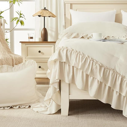 Andency Beige Twin Size Comforter Set, 2 Pieces Boho Lightweight Fluffy Ruffle Bedding Set & Collections, All Season Soft Microfiber Farmhouse Shabby Chic Bed Set for Kids (66x90In Comforter)