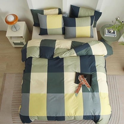 mixinni Queen Comforter Set Men Boys Geometric Checkered Plaid Printed Bedding Comforter for All Season Soft Lightweight Bedding Set-(Queen Size, Green,Yellow,Khaki)