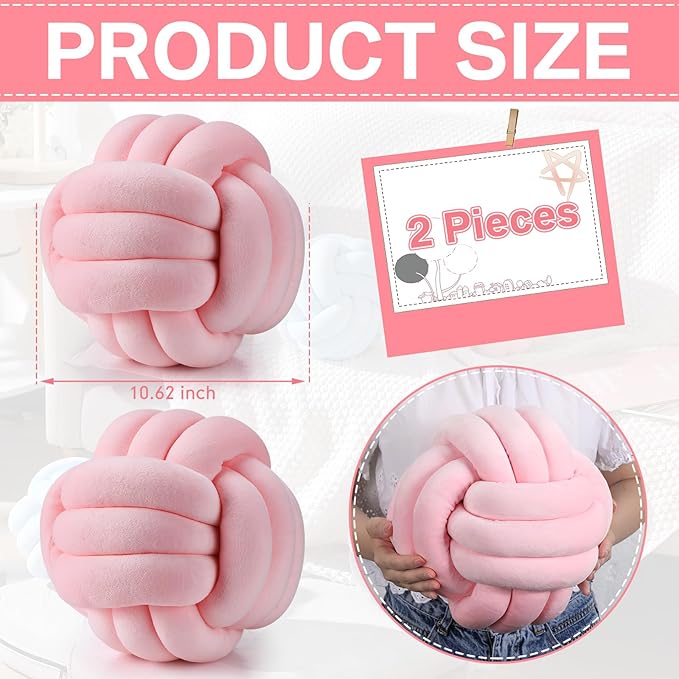 Namalu 2 Pcs Soft Knot Pillow Ball, Decorative Round Throw Knotted Pillows Cushion, Handmade Stuffed Ball Pillows for Winter Bedroom Sofa Couch Home Decor(10.6 Inches,Light Pink)