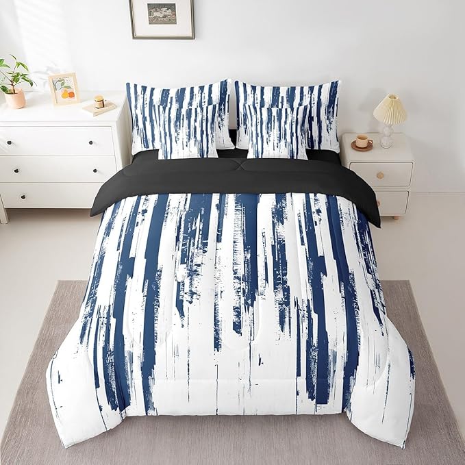 Erosebridal 7Pcs Navy Blue Twin Comforter Set,Teal Geometric Stripes Striped Abstract Bed in A Bag,Modern Art Aesthetic Quilt Set with Pillowcases,Watercolor Graffiti Ink Bedding with Bed Sheets