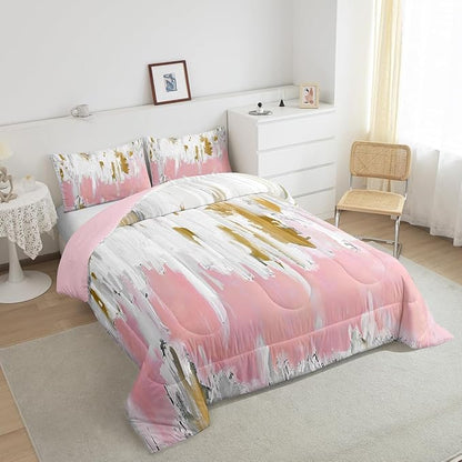 Erosebridal Girly Pink Comforter King Oil Painting Stripe Bedding Set, Brush Marks Contemporary Ombre Down Comforter Watercolor Graffiti Bed Set, Aesthetic Modern Quilted Duvet