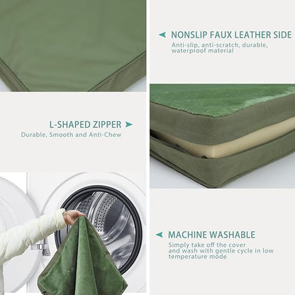 Outdoor Dog Beds Large Sized Dog Waterproof Washable, XL Leather Crate Pad 42 inch, Extra Large Orthopedic Foam Pet Bed with Removable Cover Reversible, Anti-Slip Kennel Pad, 41"x27", Green