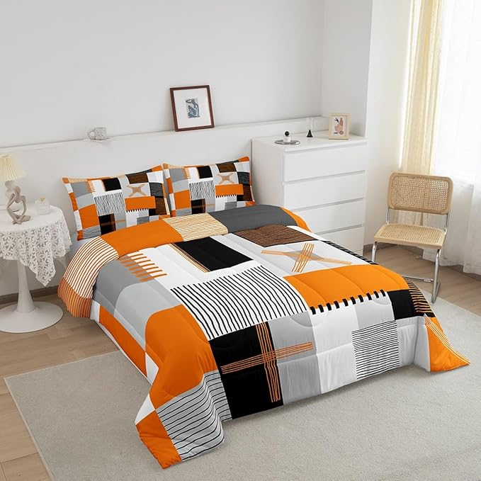 Erosebridal Orange Grey Comforter Set Toddler Black White Abstract Bedding Set for Kids Teen Adults Geometric Square Quilt Grids Checkered Duvet Insert Modern Fashion Room Decor 2 Pcs