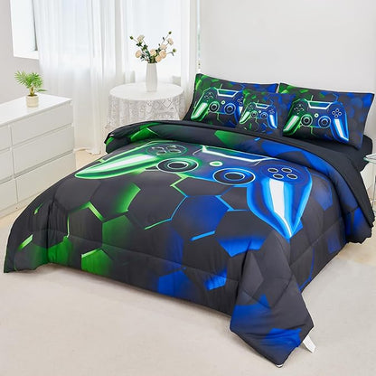 URBONUR 3D Game Comforter Set for Boys Girls 6Pcs Kids Gaming Bed in A Bag Bedding Sets with Sheets Lightweight All Season (Blue Green, Twin)