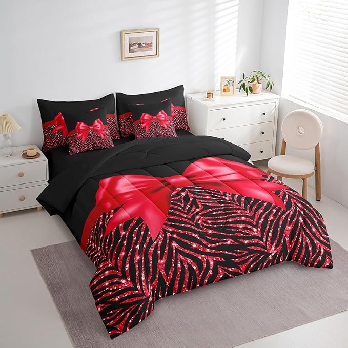 Feelyou Red Bowknot 7 Piece Bedding Set Queen Size Glitter Print Comforter Set with Sheets for Kids Girls Adult Cute Bowknot Bed in a Bag Black Silver Bed Set