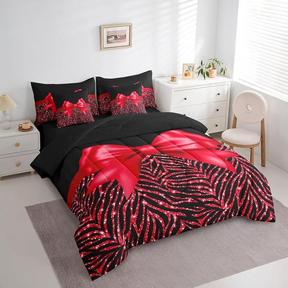 Feelyou Red Bowknot 7 Piece Bedding Set Queen Size Glitter Print Comforter Set with Sheets for Kids Girls Adult Cute Bowknot Bed in a Bag Black Silver Bed Set