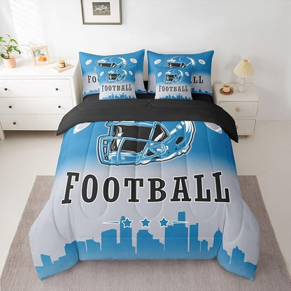 Erosebridal Football King Bed in A Bag American Rugby Sports 7 Pcs Bedding Set Sports Games Comforter Set with Sheets for Kids Boys Teen,Blue Grey Ombre Football City Sheet Set with Comforter