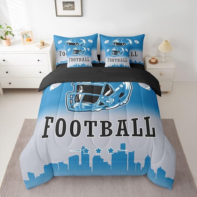 Erosebridal Football Queen Bed in A Bag American Rugby Sports 7 Pcs Bedding Set Sports Games Comforter Set with Sheets for Kids Boys Teen,Blue Grey Ombre Football City Bed Set