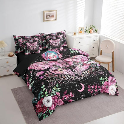Feelyou Pink Purple Death Moth Bedding Set with Comforter, Boho Moth Comforter King Size 7Pcs Sun Moon Butterfly Bed in a Bag with Comforter, Boho Floral Flat Sheet, Fitted Sheet, Pillowcases