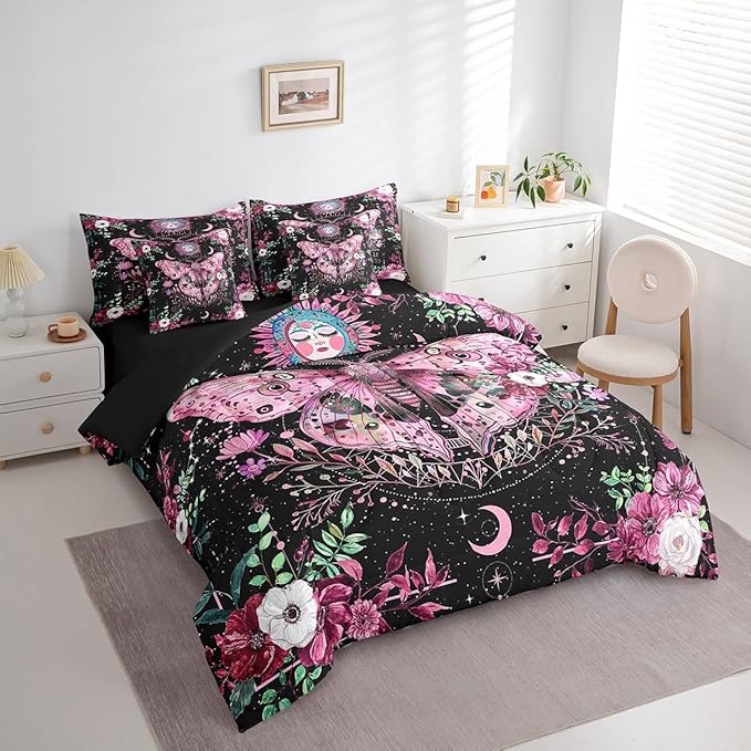 Feelyou Pink Purple Death Moth Bedding Set with Comforter, Boho Moth Comforter Full Size 7Pcs Sun Moon Butterfly Bed in a Bag with Comforter, Boho Floral Flat Sheet, Fitted Sheet, Pillowcases