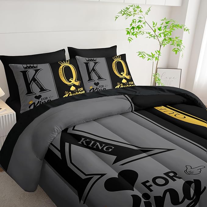 King and Queen Crown Comforter Set Black and Gray Couple Bedding Set，7Pcs Mr Mrs Comforter Set for Adults Couple Men Women,Light Bedding Set 7 Piece in A Bag,Bed Sheet Set Decor KING All Seasons