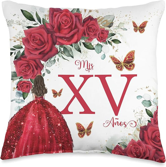Red Roses Floral Quinceañera Mis XV Años Throw Pillow