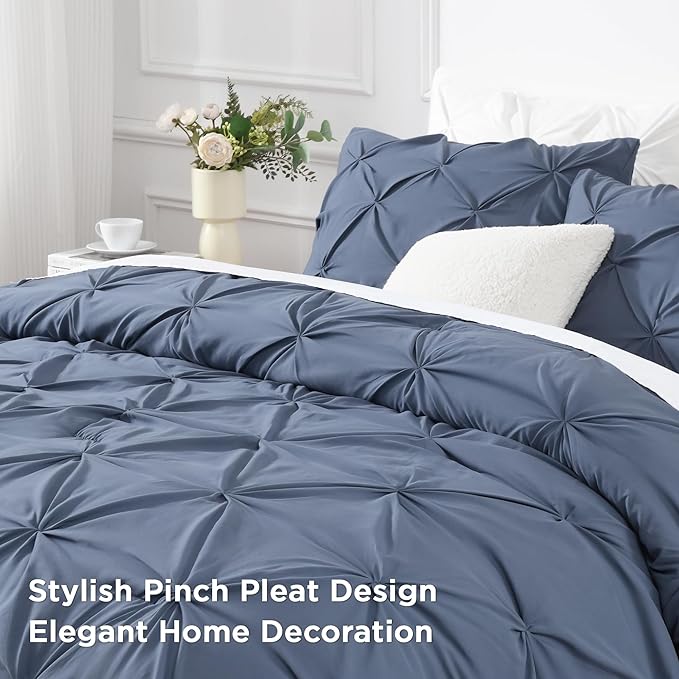Andency California King Comforter Set Dark Blue Grey (104x96Inch), Pinch Pleat Cal King Comforter Set 3 Pieces, Oversized King Pintuck Bed Comforter, Microfiber Down Alternative Comforter Bedding Set