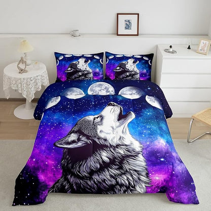 Erosebridal Howling Wolf Down Comforter Blue Purple Starry Sky Bedding Set Twin Size,Galaxy Series Comforter Set for Child Teens Youth Man,Stars Moon Bed Quilt Wild Animal Themed Room Decor