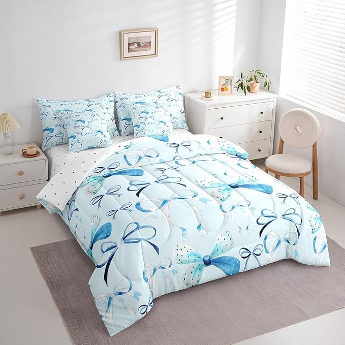 Feelyou Bow Bedding Set for All Season Boys Girls Full Size Cute Bowknot 7 Pieces Comforter Sets for Kids Women Men Blue Girls Bow Bed in a Bag with Comforter, Sheets, Pillowcases & Cushion Cover