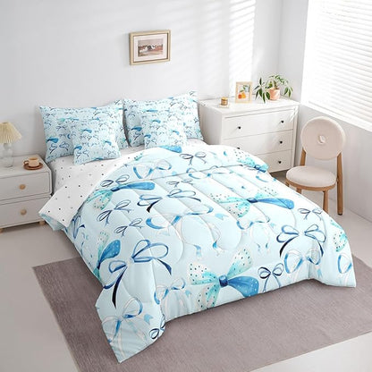 Feelyou Bow Bedding Set for All Season Boys Girls Full Size Cute Bowknot 7 Pieces Comforter Sets for Kids Women Men Blue Girls Bow Bed in a Bag with Comforter, Sheets, Pillowcases & Cushion Cover