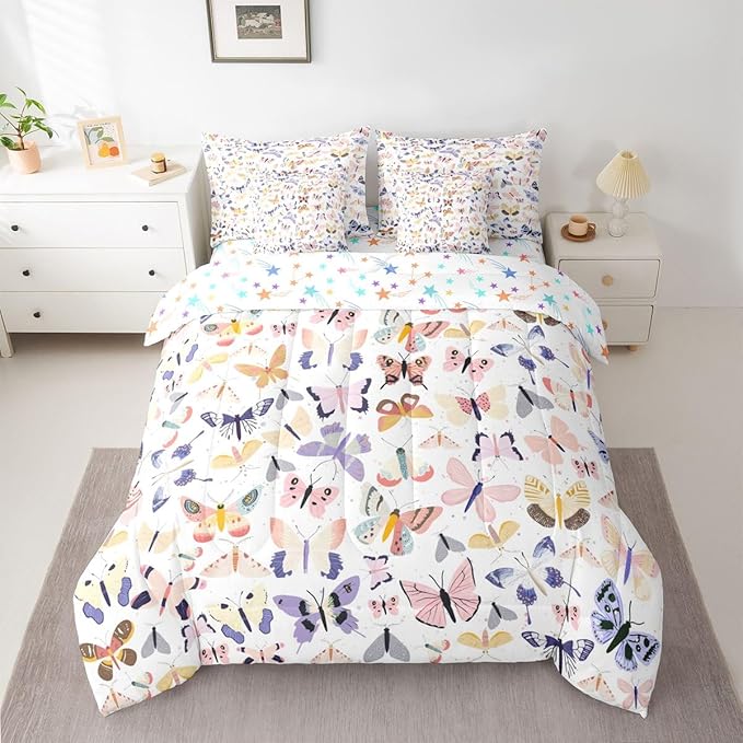 Feelyou Pretty Butterfly 7 Piece Bedding Set Colorful Butterfly Comforter Set with Sheets for Kids Boys Girls Artwork Butterflies Bed in a Bag Animal Theme Bed Set Soft Lightweight