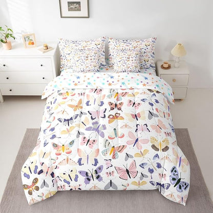 Feelyou Pretty Butterfly 7 Piece Bedding Set Colorful Butterfly Comforter Set with Sheets for Kids Boys Girls Artwork Butterflies Bed in a Bag Animal Theme Bed Set Soft Lightweight